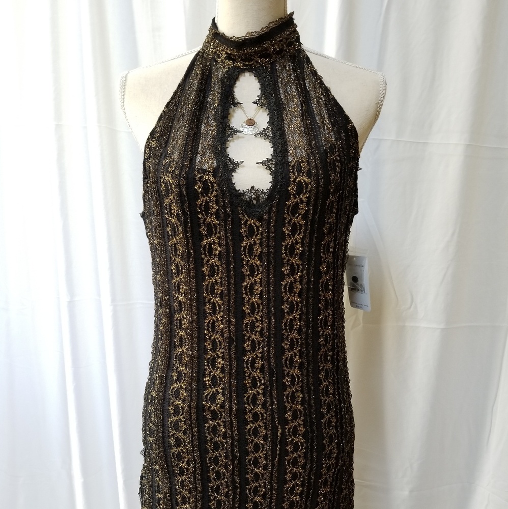 FREE PEOPLE Black & Gold Bodycon Dress  NWT  Sz L